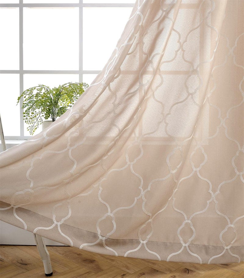 MIUCO Moroccan Embroidered Semi Sheer Curtains Faux Linen Grommet Window Drapes for Living Room 52 x 95 Inch 1 Pair Set, Linen - Image 1